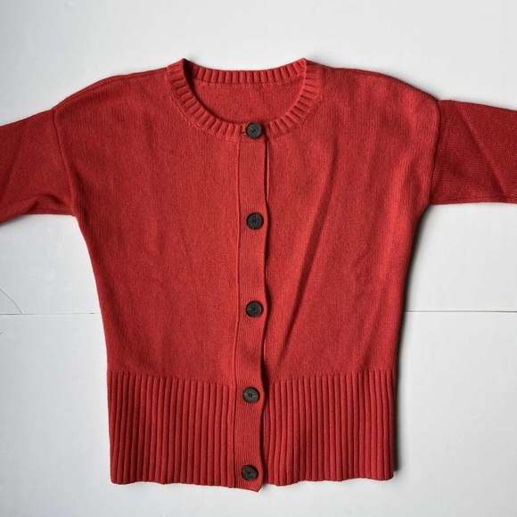 CORAL RED WOOL KNIT CARDIGAN BUTTON UP SWEATER COTTAGECORE COASTAL ACADEMIC - Picture 1 of 7
